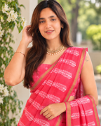 Coral Pink Palm Leaf Tribal Border Chanderi Saree