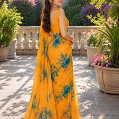 Marigold Yellow Rose Floral Watercolor Saree