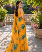 Marigold Yellow Rose Floral Watercolor Saree