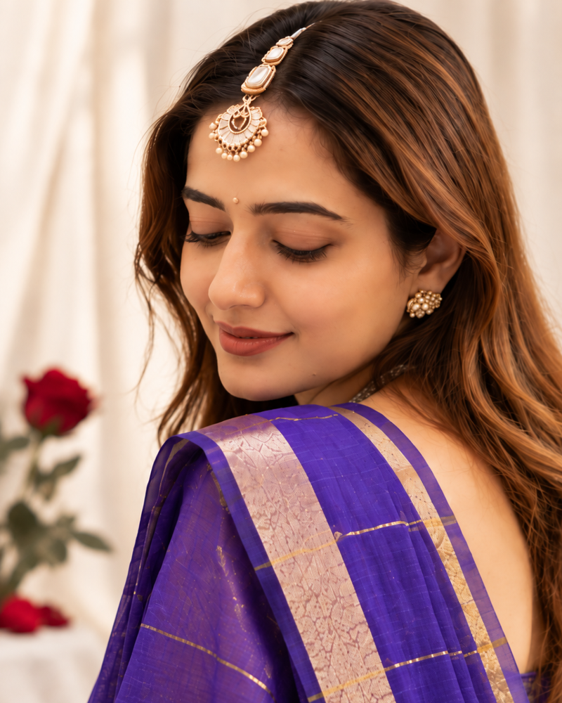 Royal Indigo Check Zari Banarasi Silk Saree