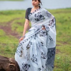 Ice Blue Dramatic Charcoal Peony Linen Saree
