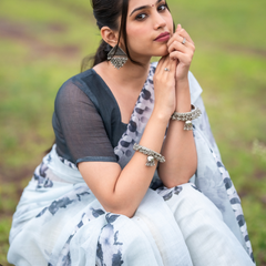 Ice Blue Dramatic Charcoal Peony Linen Saree
