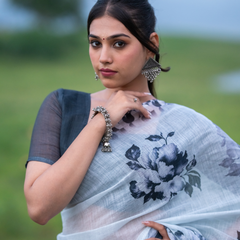 Ice Blue Dramatic Charcoal Peony Linen Saree