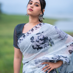 Ice Blue Dramatic Charcoal Peony Linen Saree