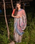 Natural Grey Kalamkari Tribal Spiral Motif Linen Saree