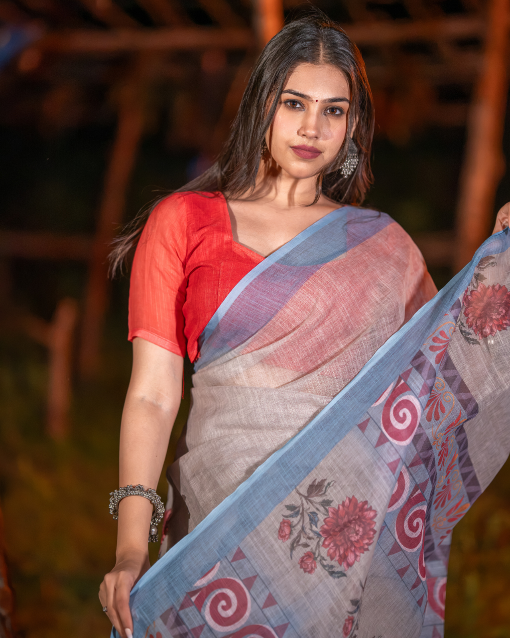 Natural Grey Kalamkari Tribal Spiral Motif Linen Saree