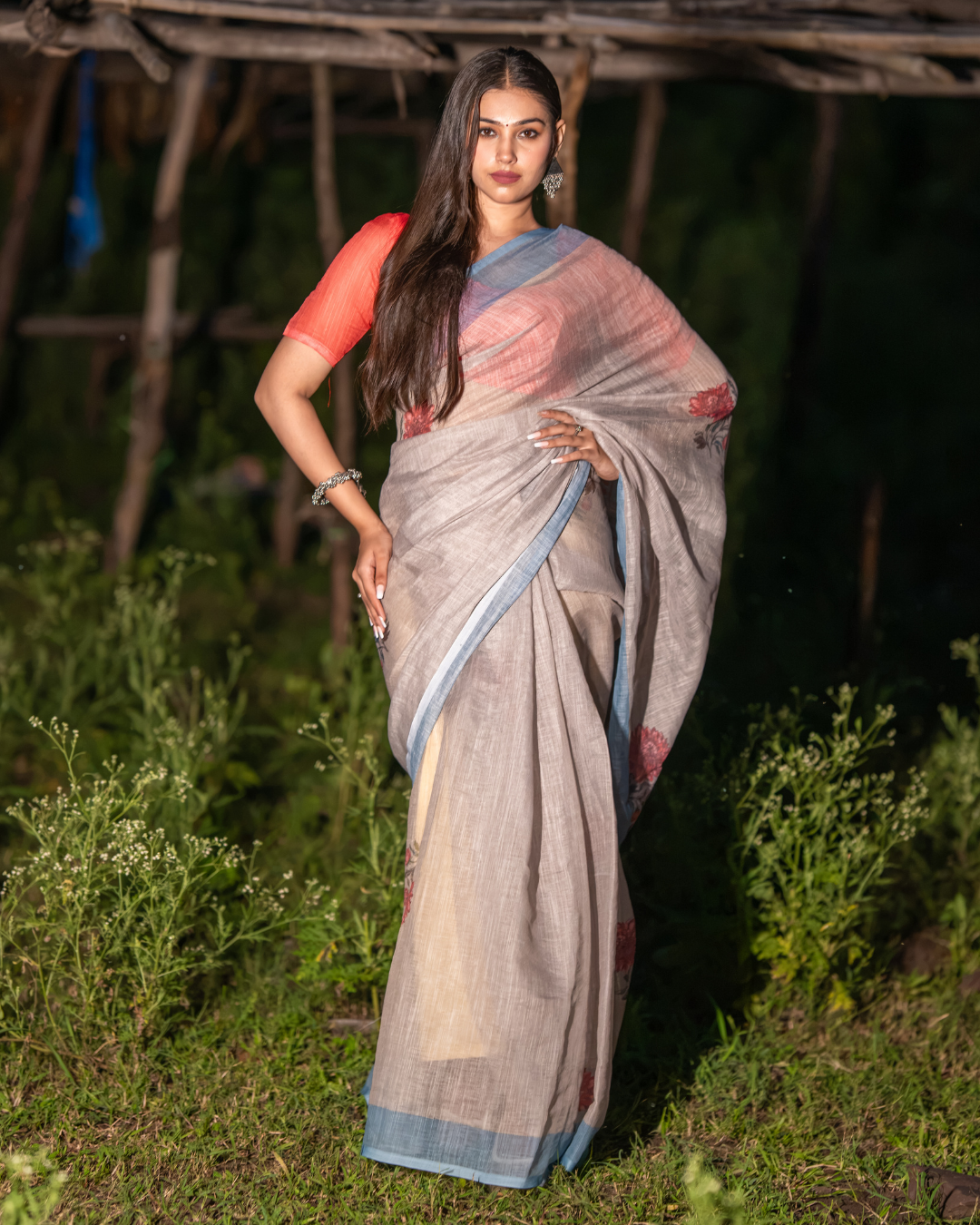 Natural Grey Kalamkari Tribal Spiral Motif Linen Saree