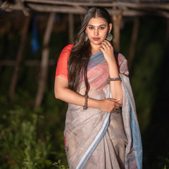 Natural Grey Kalamkari Tribal Spiral Motif Linen Saree