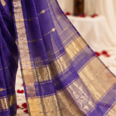 Royal Indigo Check Zari Banarasi Silk Saree