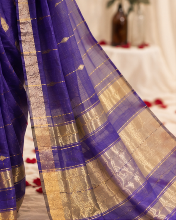 Royal Indigo Check Zari Banarasi Silk Saree