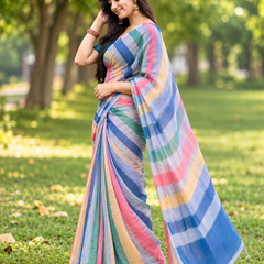 Multicolor Pastel Rainbow Striped Linen Saree
