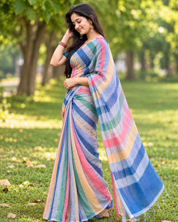 Multicolor Pastel Rainbow Striped Linen Saree