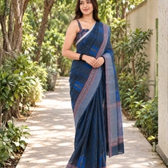 Indigo Tribal Check Grid Chanderi Saree