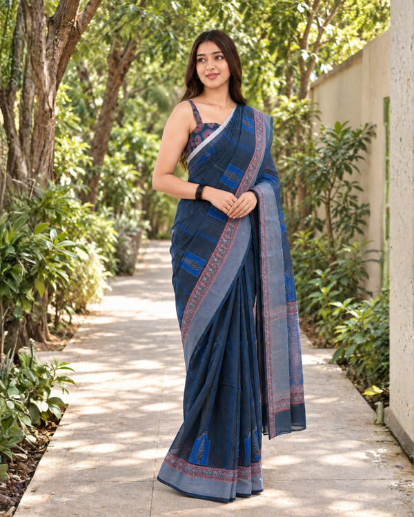Indigo Tribal Check Grid Chanderi Saree