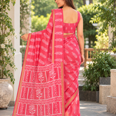 Coral Pink Palm Leaf Tribal Border Chanderi Saree