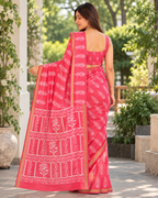 Coral Pink Palm Leaf Tribal Border Chanderi Saree
