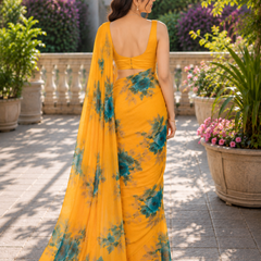 Marigold Yellow Rose Floral Watercolor Saree