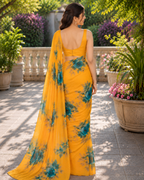 Marigold Yellow Rose Floral Watercolor Saree