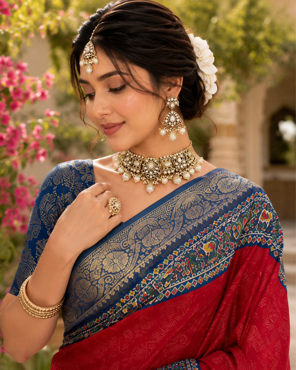 Crimson Red Patola & Brocade Contrast Premium Silk Saree