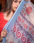 Natural Grey Kalamkari Tribal Spiral Motif Linen Saree