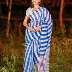 Cobalt Blue & White Bold Diagonal Striped Linen Saree