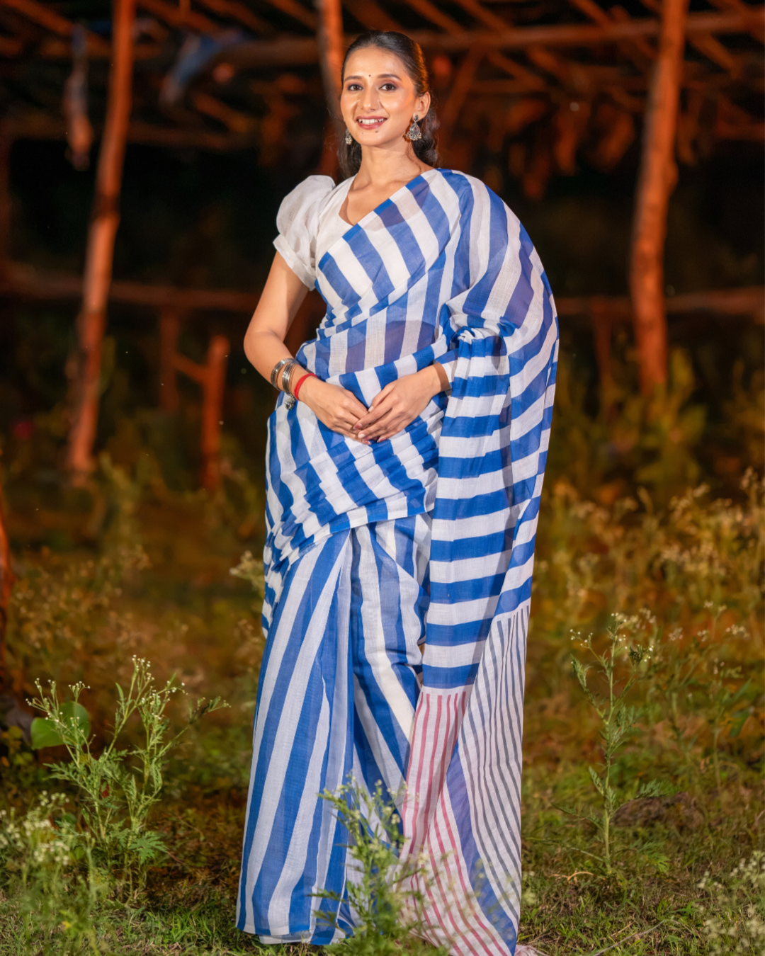 Cobalt Blue & White Bold Diagonal Striped Linen Saree