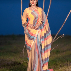 Sunrise Multicolor Pastel Striped Linen Saree