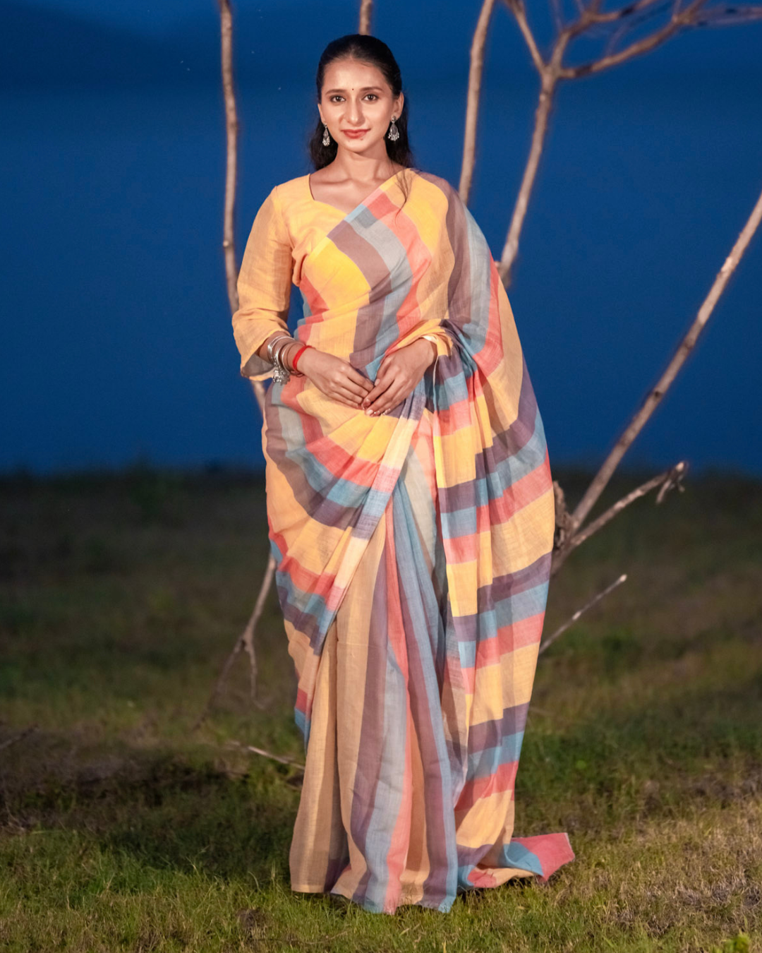 Sunrise Multicolor Pastel Striped Linen Saree