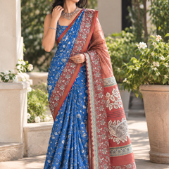 Royal Blue Floral Kalamkari Border Chanderi Saree