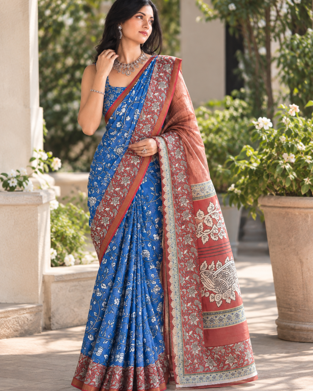 Royal Blue Floral Kalamkari Border Chanderi Saree