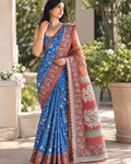 Royal Blue Floral Kalamkari Border Chanderi Saree