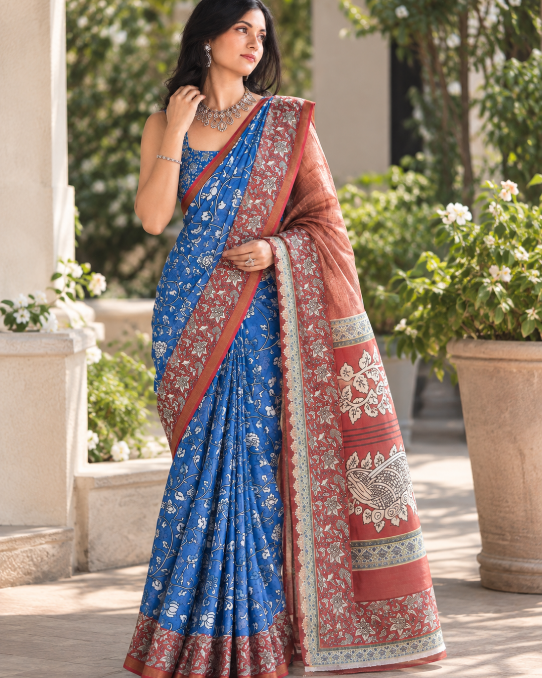 Royal Blue Floral Kalamkari Border Chanderi Saree