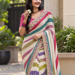 Off-White Rainbow Striped Floral Border Saree