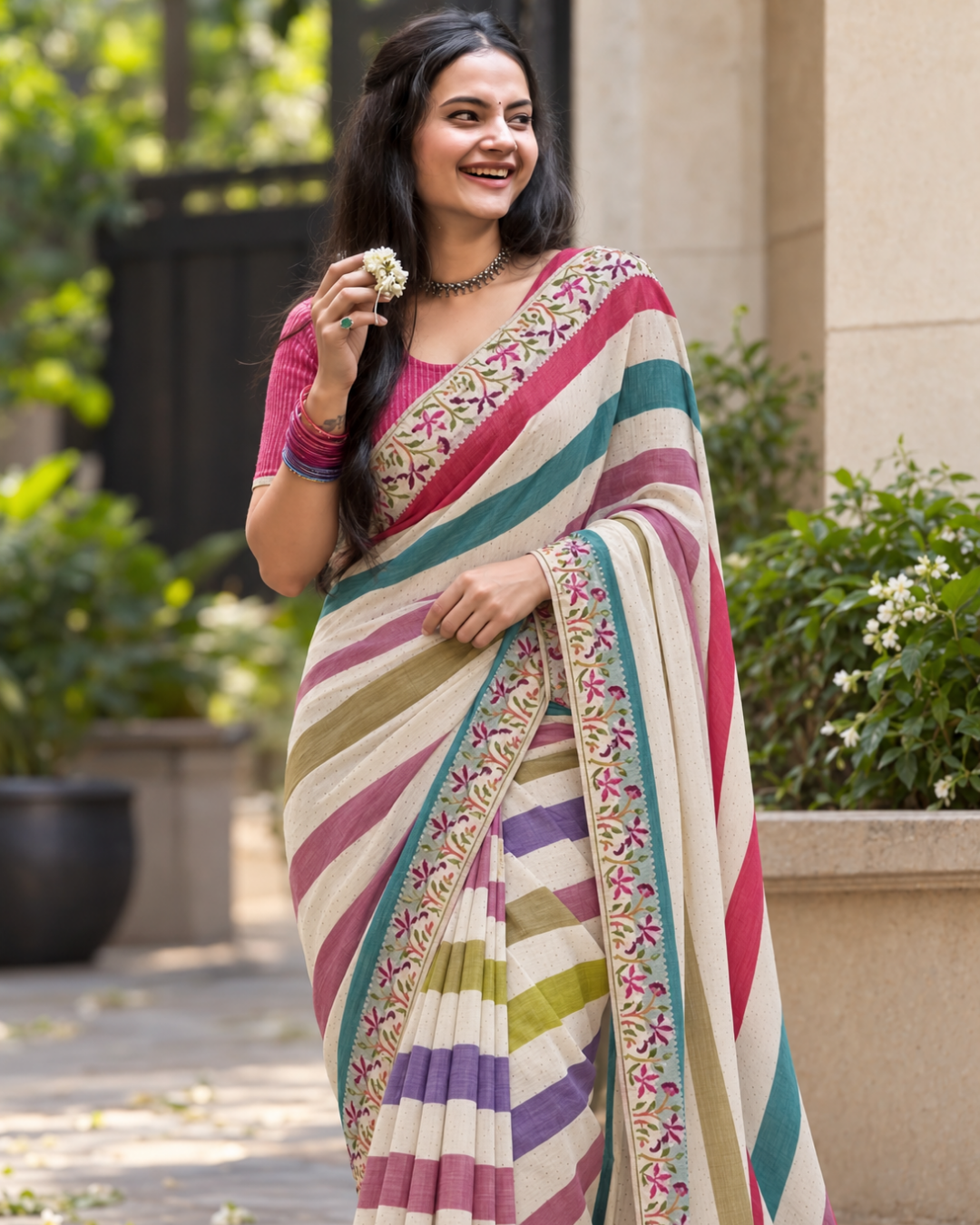 Off-White Rainbow Striped Floral Border Saree