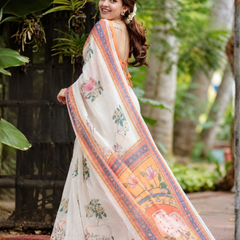 Ivory White Pichwai Kamdhenu & Lotus Linen Saree