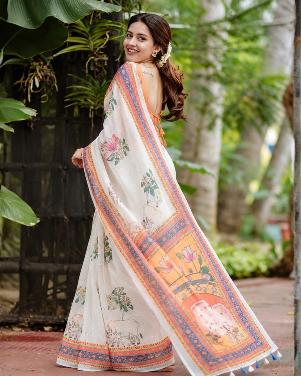 Ivory White Pichwai Kamdhenu & Lotus Linen Saree