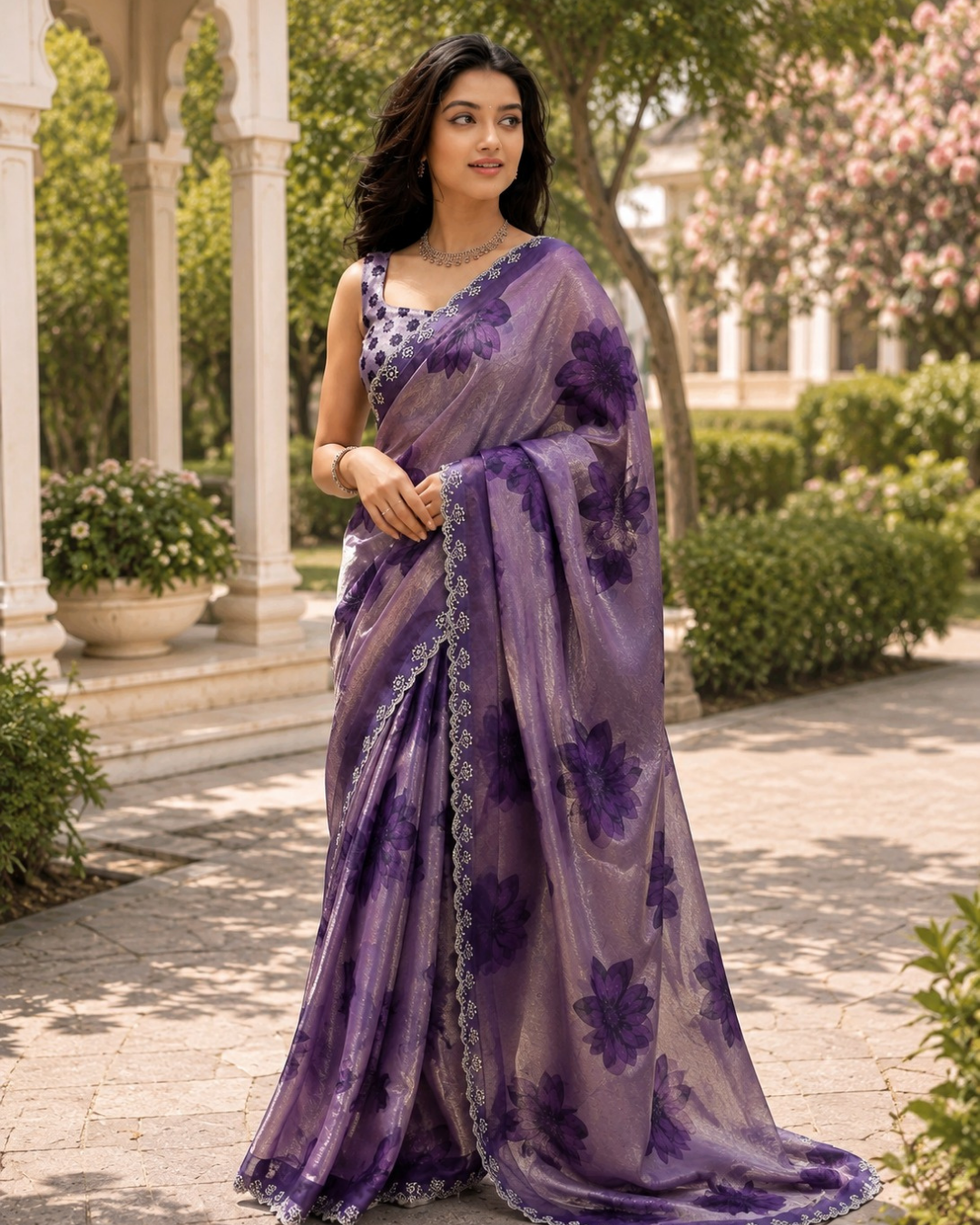 Lavender Purple Floral Organza Fandy Silk Saree