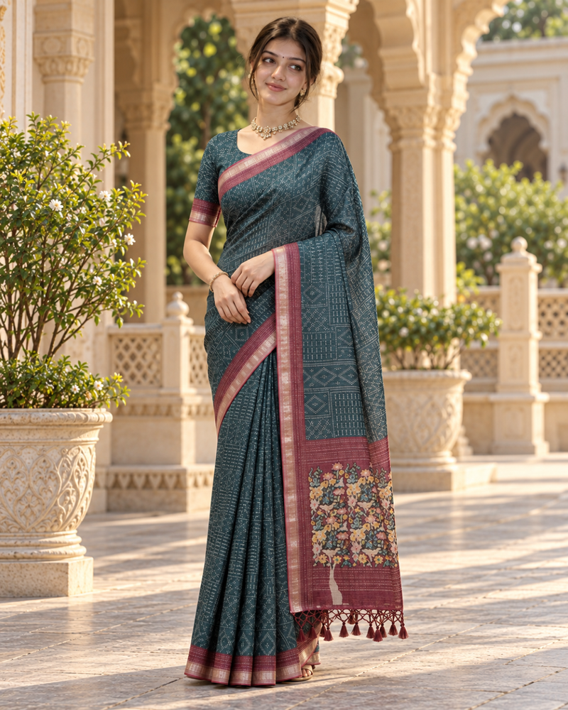 Teal Blue Bandhani Grid & Figurine Premium Silk Saree