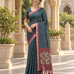 Teal Blue Bandhani Grid & Figurine Premium Silk Saree