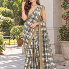 Monochrome Grid Check Gold Zari Chanderi Saree