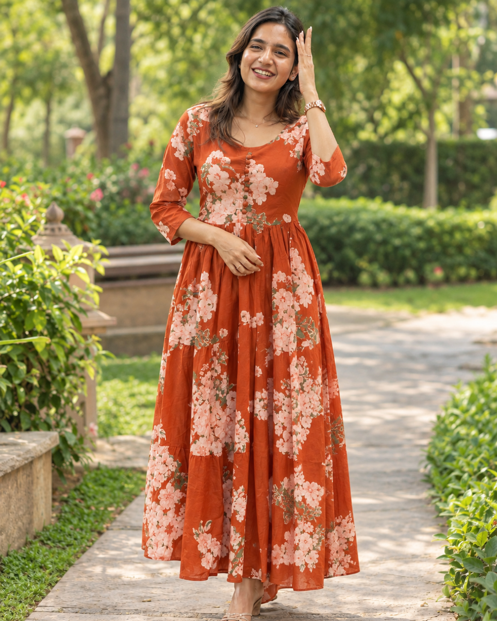Rust Floral Tiered Maxi Dress