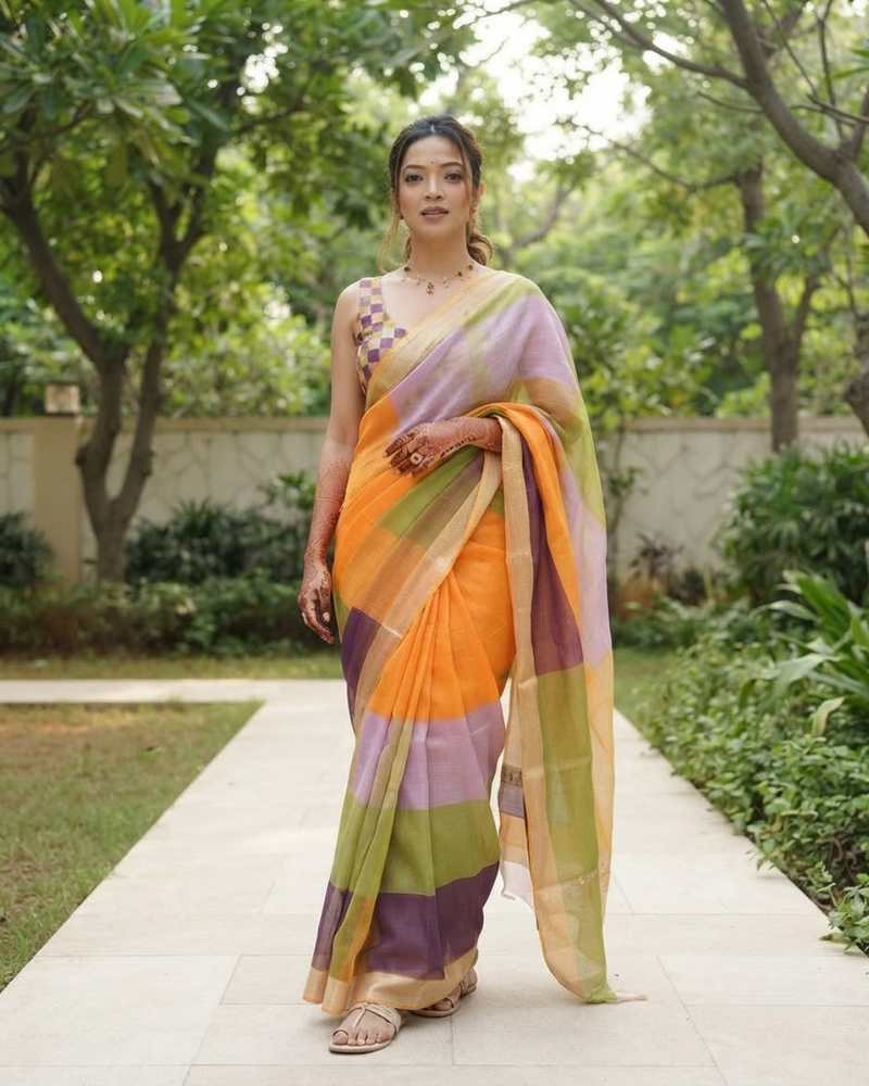 Pastel Color Block Check Chanderi Saree