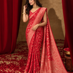 Crimson Red Golden Jaal Banarasi Silk Saree