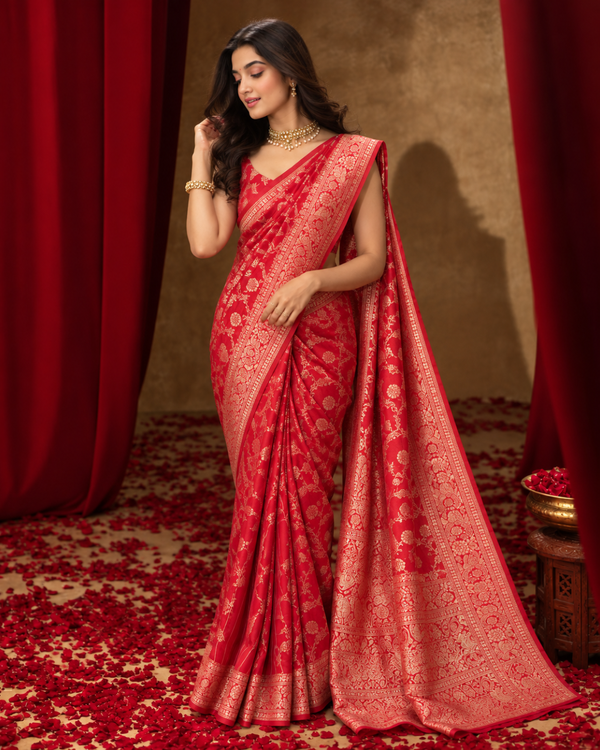 Crimson Red Golden Jaal Banarasi Silk Saree