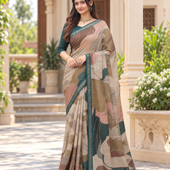Taupe & Teal Abstract Botanical Leaf Premium Silk Saree