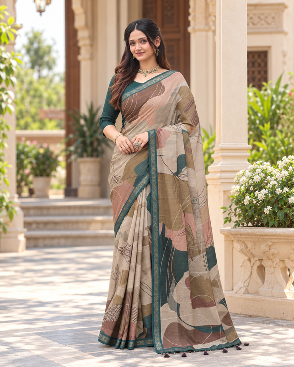 Taupe & Teal Abstract Botanical Leaf Premium Silk Saree