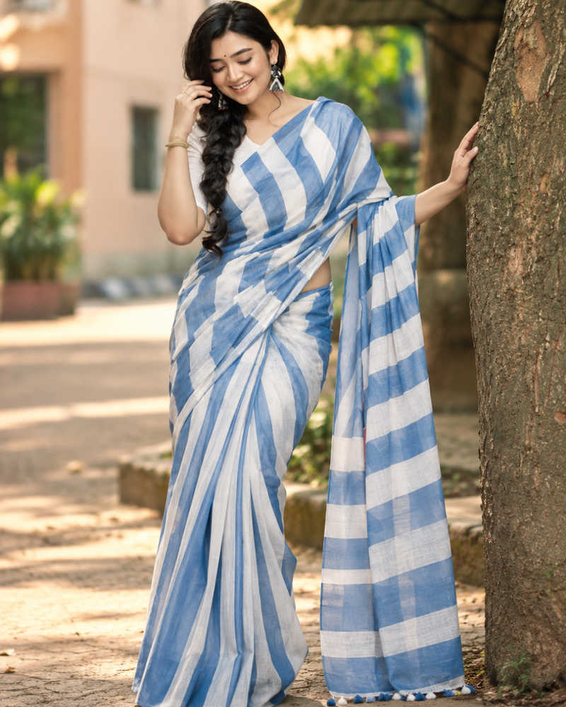 Dusty Blue & White Bold Chevron Striped Linen Saree
