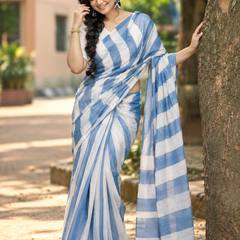 Dusty Blue & White Bold Chevron Striped Linen Saree