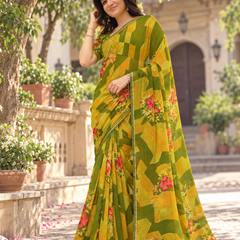 Olive Mustard Geometric Floral Saree