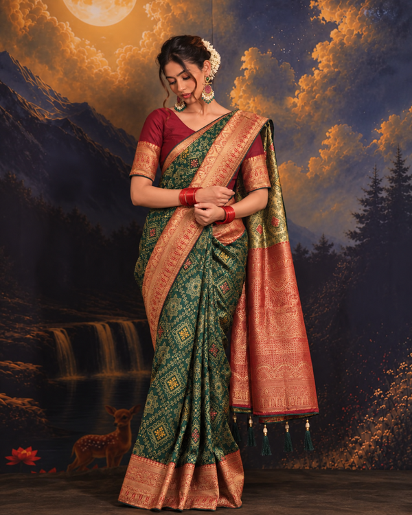 Bottle Green Contrast Maroon Border Silk Saree